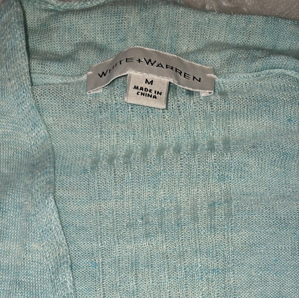 White + Warren Linen Light Blue Cardigan Turquoise Lightweight Luxury - Picture 2 of 7